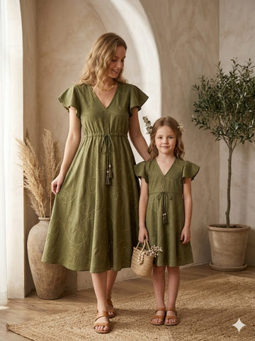 Mom & Me Mehandi Rayon Umbrella Style A-Line Dress with Drawstring Waist