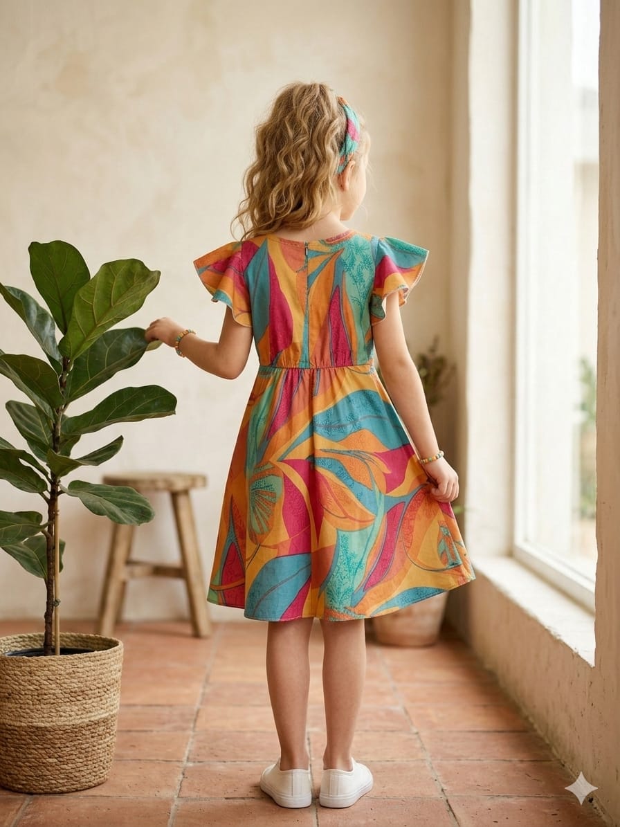 Baby Girls Multicolor Tropical Leaf Printed Cotton Umbrella Style A-Line Dress with Flutter Sleeves