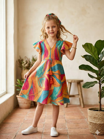 Baby Girls Multicolor Tropical Leaf Printed Cotton Umbrella Style A-Line Dress with Flutter Sleeves