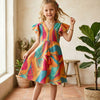 Baby Girls Multicolor Tropical Leaf Printed Cotton Umbrella Style A-Line Dress with Flutter Sleeves