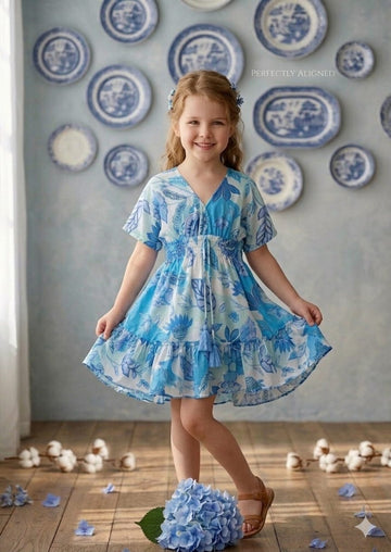 Baby Girls Blue Floral Printed Cotton Kaftan A-Line Dress
