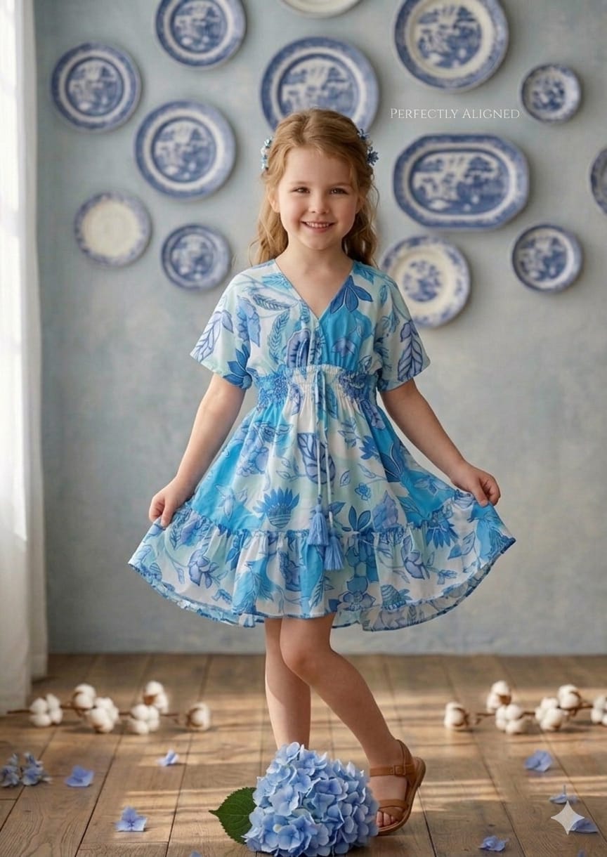 Baby Girls Blue Floral Printed Cotton Kaftan A-Line Dress