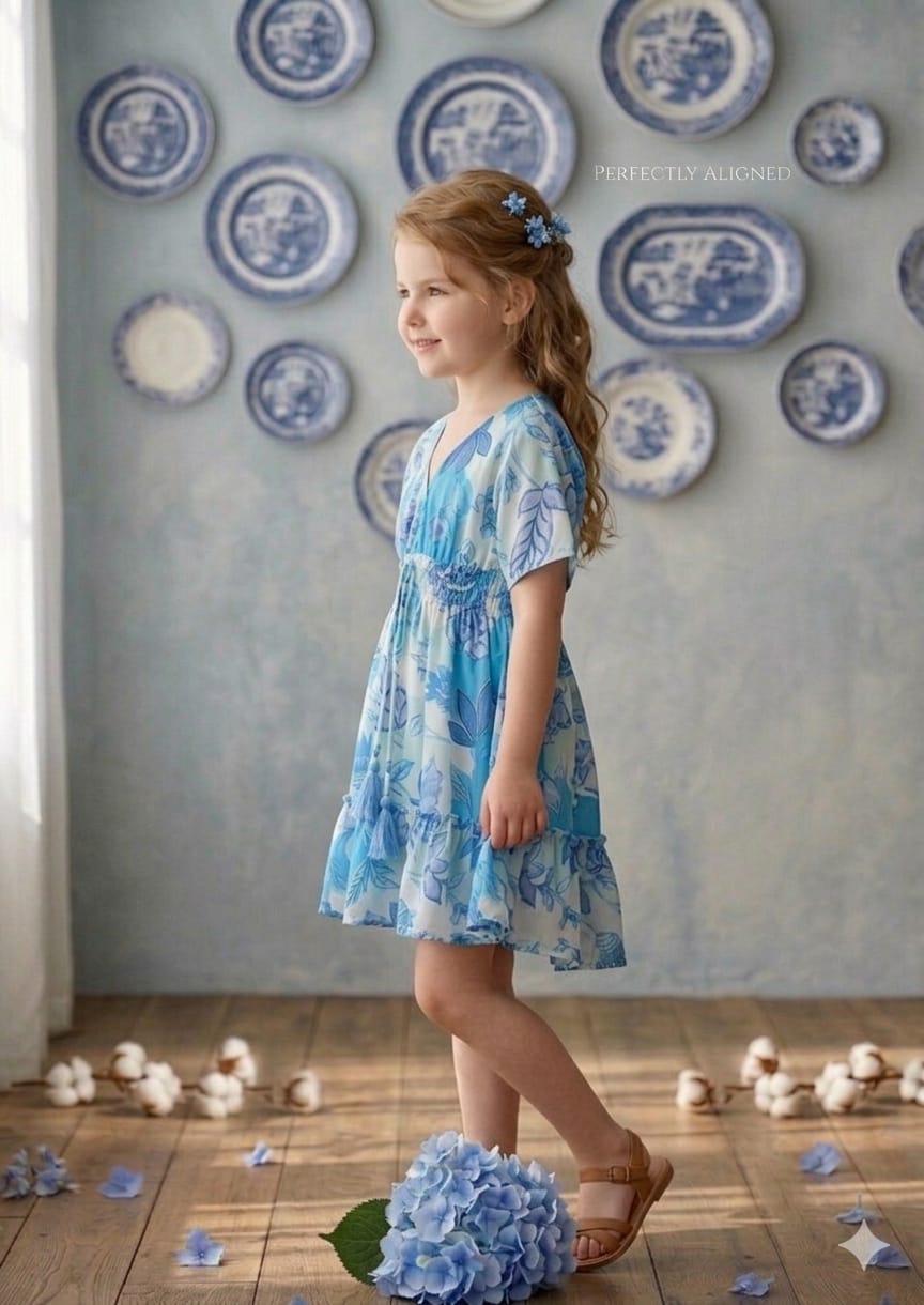 Baby Girls Blue Floral Printed Cotton Kaftan A-Line Dress