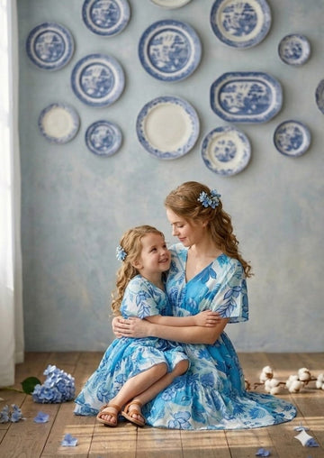 Mom & Me Blue Modern Printed Cotton Kaftan A-Line Dress