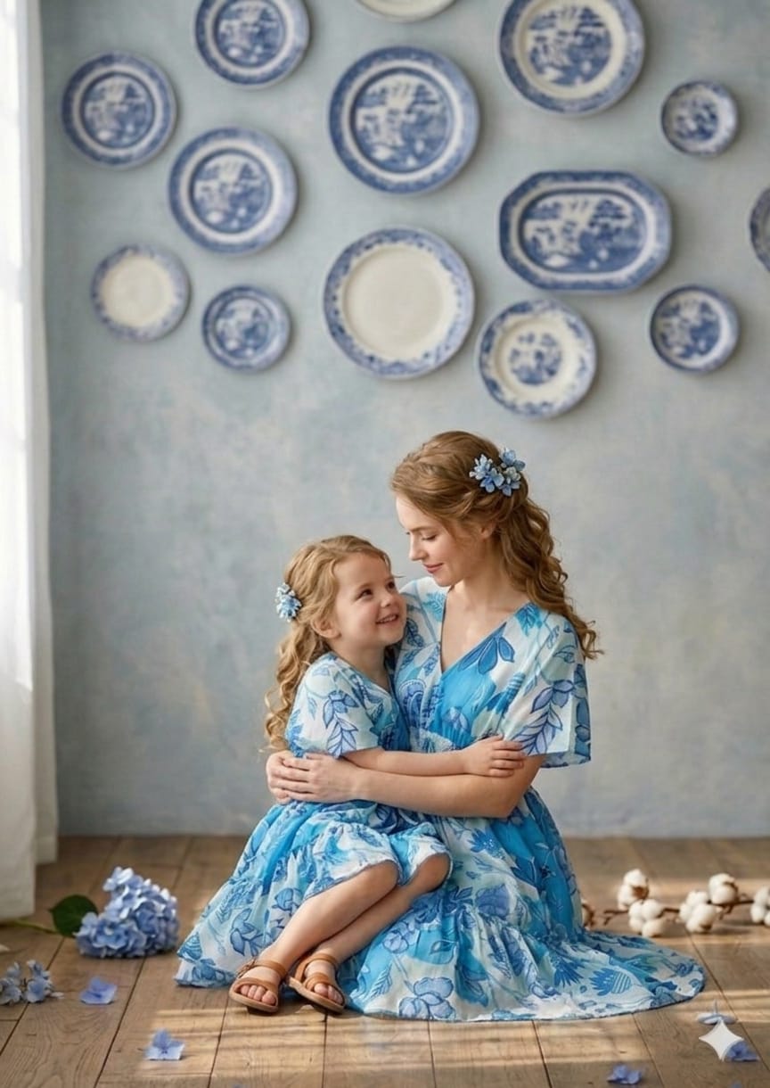 Mom & Me Blue Modern Printed Cotton Kaftan A-Line Dress