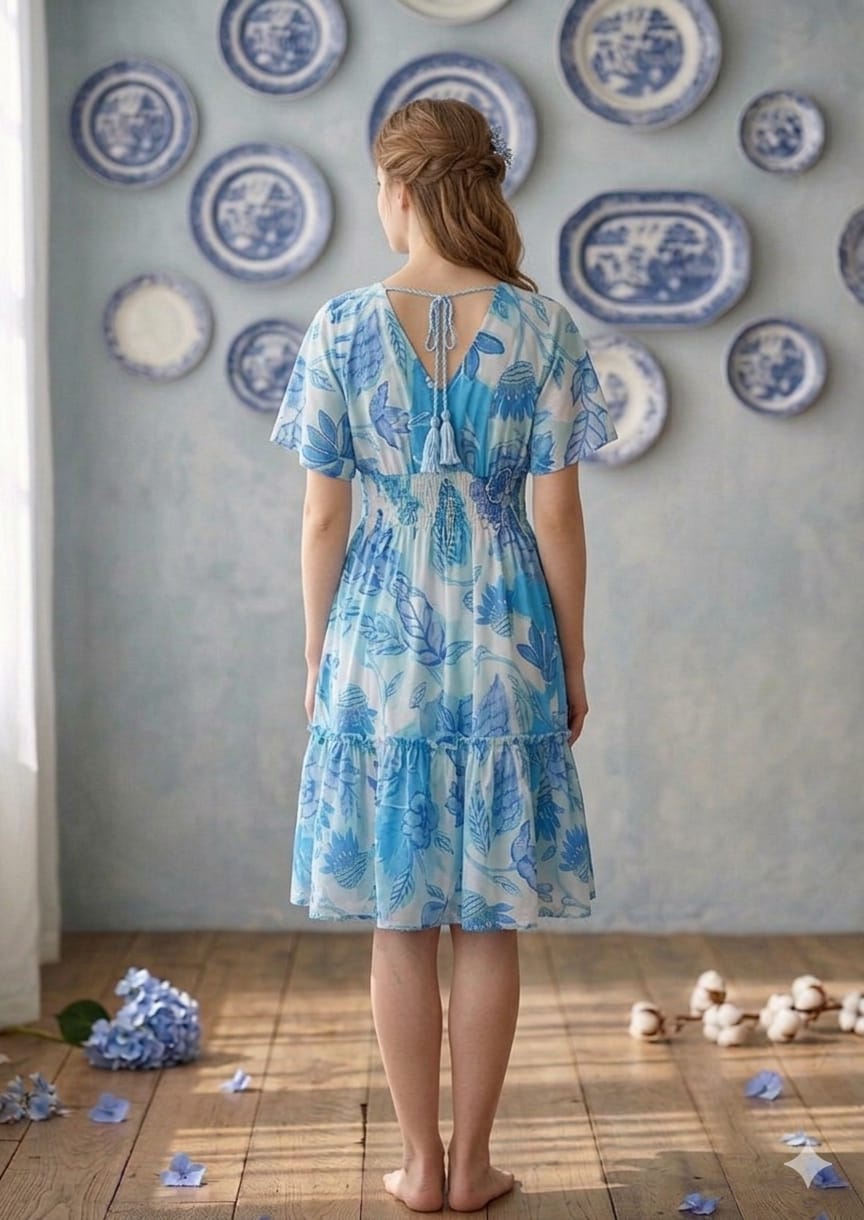 Mom & Me Blue Modern Printed Cotton Kaftan A-Line Dress
