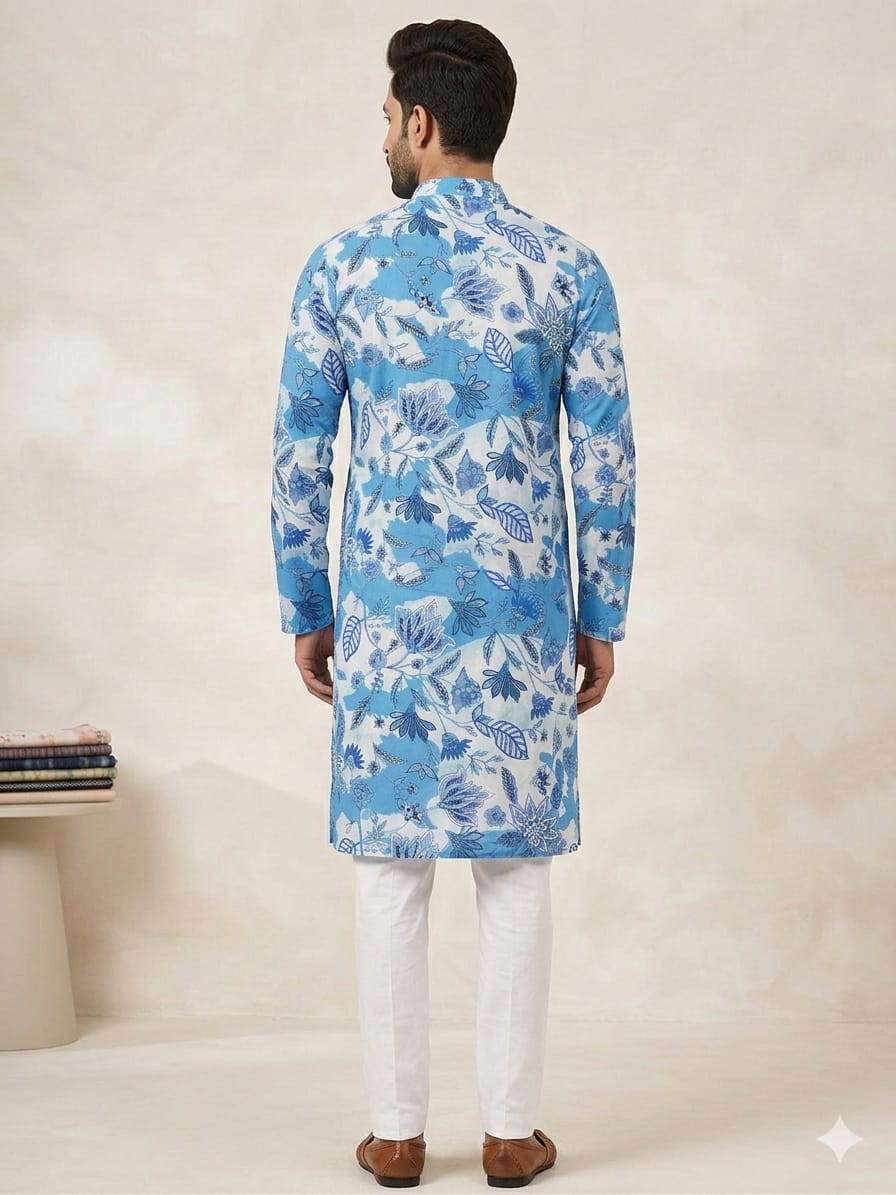 Men’s Cotton Blue Modern Chintz Printed Kurta For Wedding & Festival Outfit