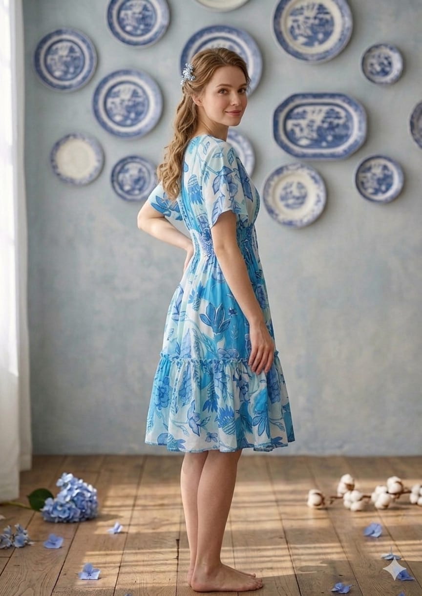 Mom & Me Blue Modern Printed Cotton Kaftan A-Line Dress