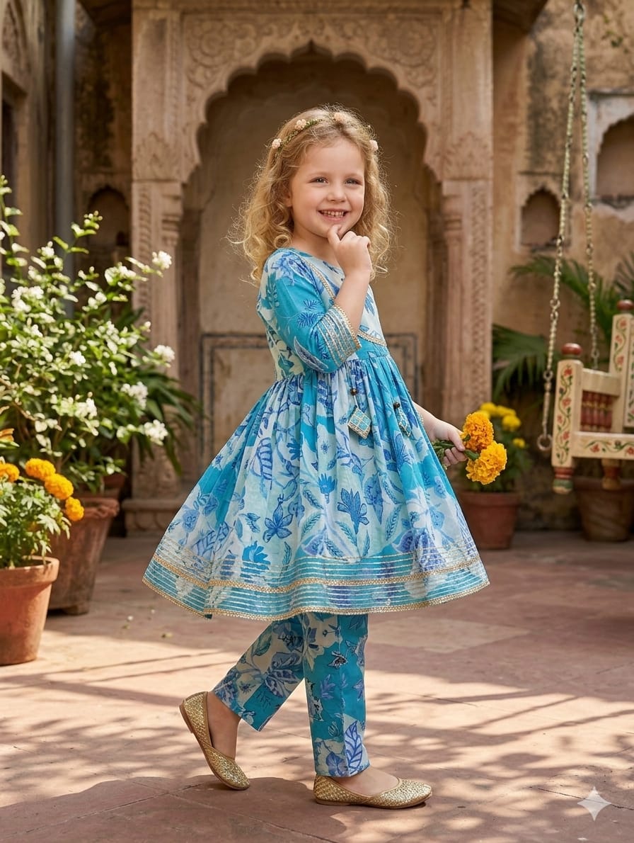 Baby Girl Blue Floral Print Cotton Anarkali Kurta Set