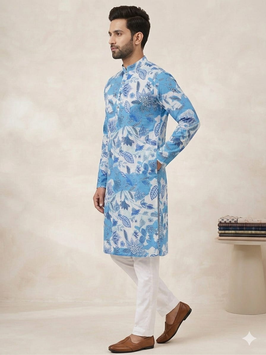 Men’s Cotton Blue Modern Chintz Printed Kurta For Wedding & Festival Outfit