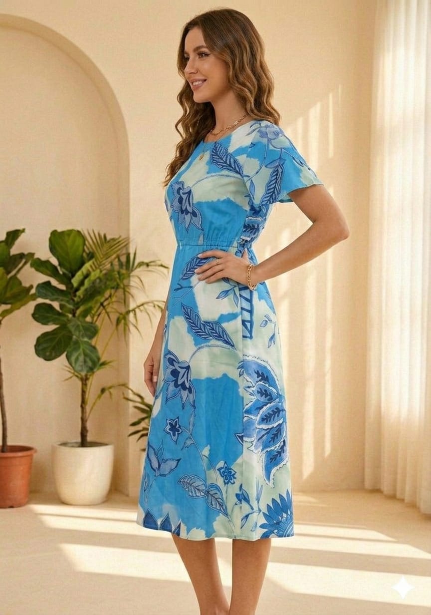Women’s Cotton Blue Modern Chintz Printed Umbrella Style A-Line Dress