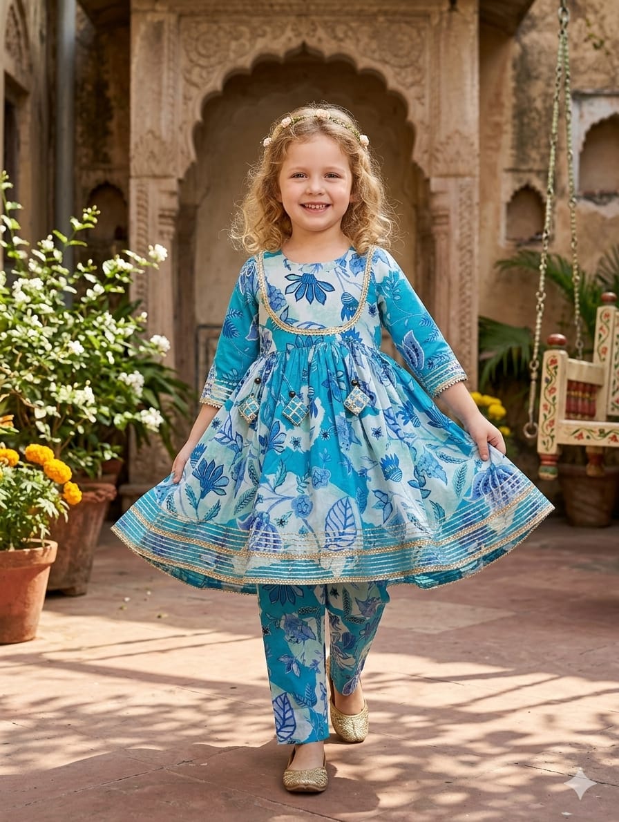 Baby Girl Blue Floral Print Cotton Anarkali Kurta Set
