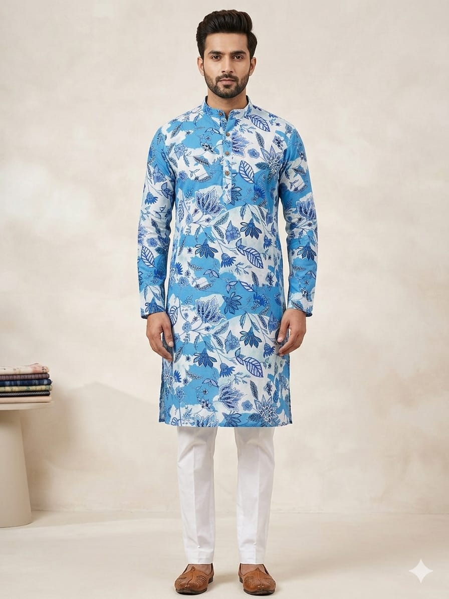 Men’s Cotton Blue Modern Chintz Printed Kurta For Wedding & Festival Outfit