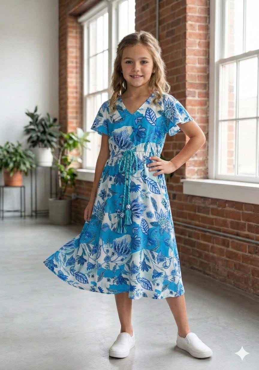 Baby Girls Cotton Blue Floral Printed Umbrella Style A-Line Dress