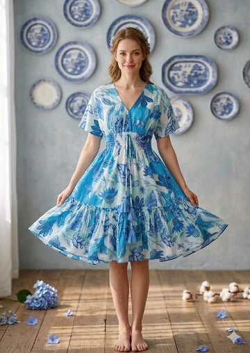 Women’s Blue Modern Floral Printed Cotton Kaftan A-Line Dress