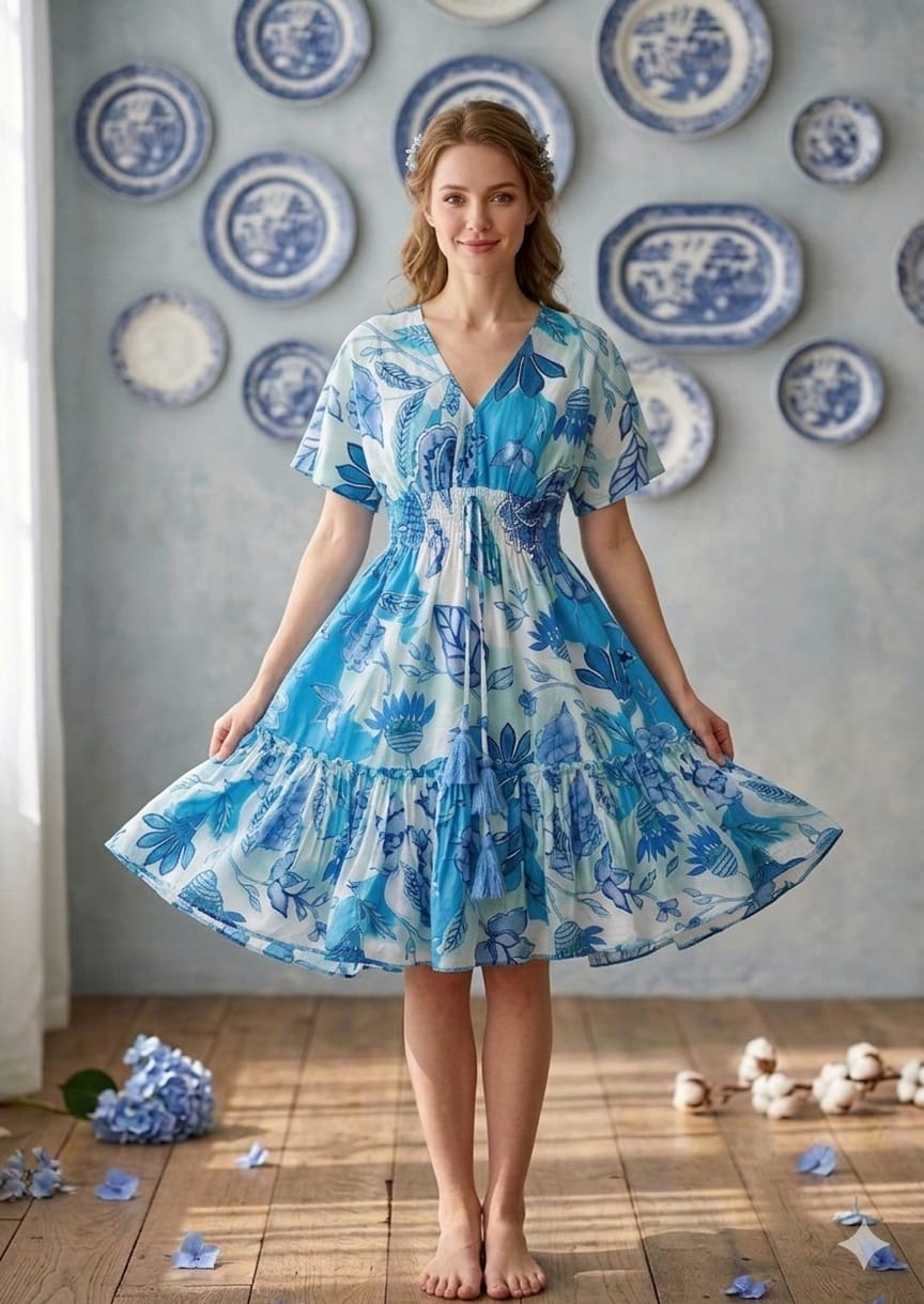 Mom & Me Blue Modern Printed Cotton Kaftan A-Line Dress