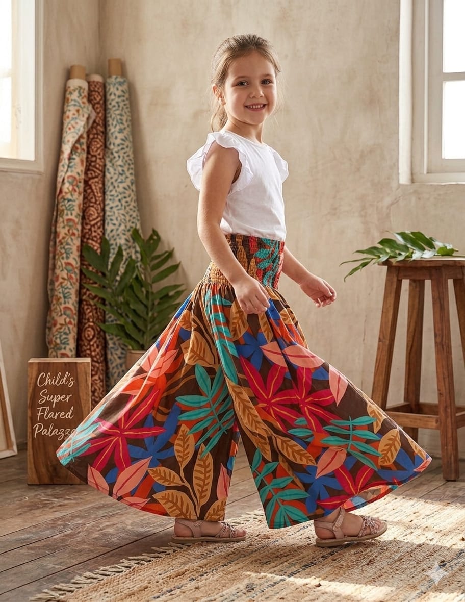 Baby Girl Multicolor Leaf Printed Cotton Flared Palazzo Pants with Smocked Waist