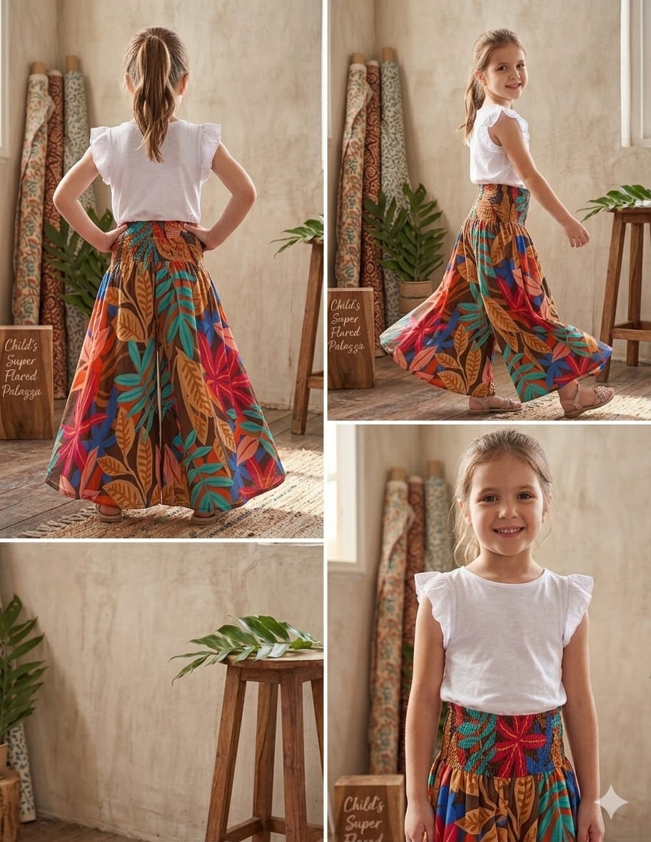 Baby Girl Multicolor Leaf Printed Cotton Flared Palazzo Pants with Smocked Waist