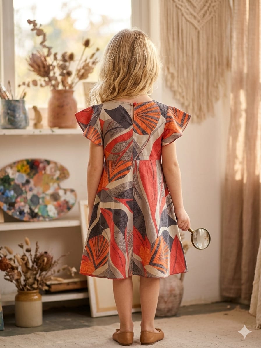 Baby Girls Multicolor Printed Cotton Umbrella Style A-Line Dress with Flutter Sleeves