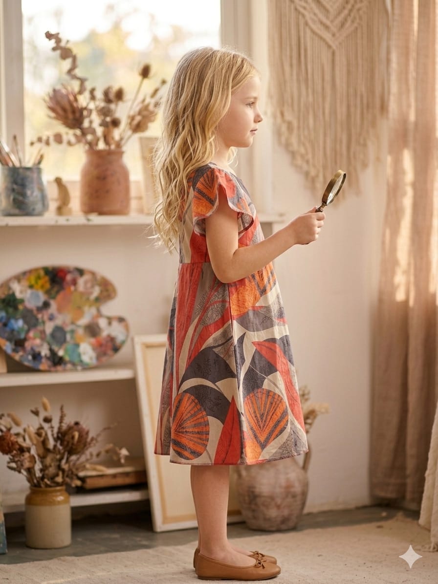 Mom & Me Multicolor Printed Cotton Umbrella Style A-Line Dress with Drawstring Waist