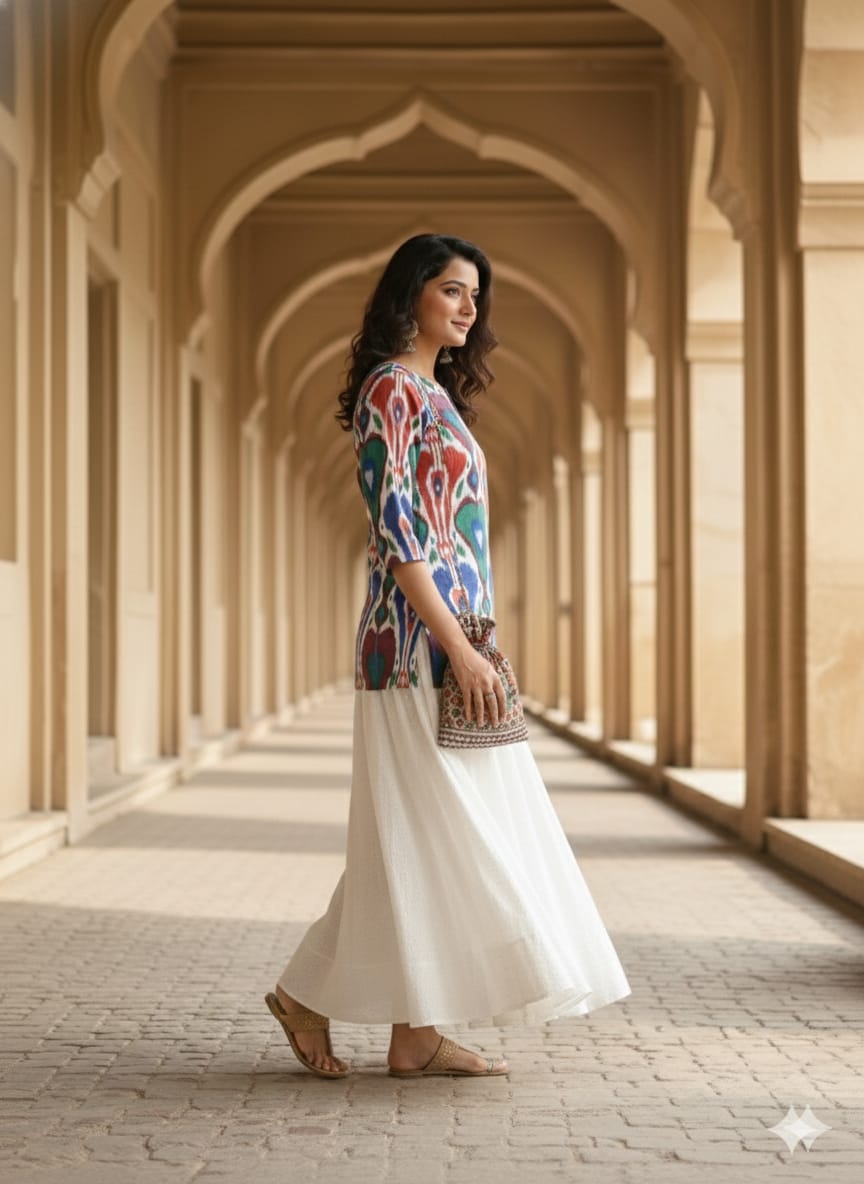 Women’s Multicolor Ikat Print Cotton Kurta with Chikankari Flared Skirt