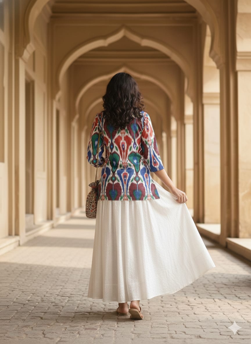 Women’s Multicolor Ikat Print Cotton Kurta with Chikankari Flared Skirt