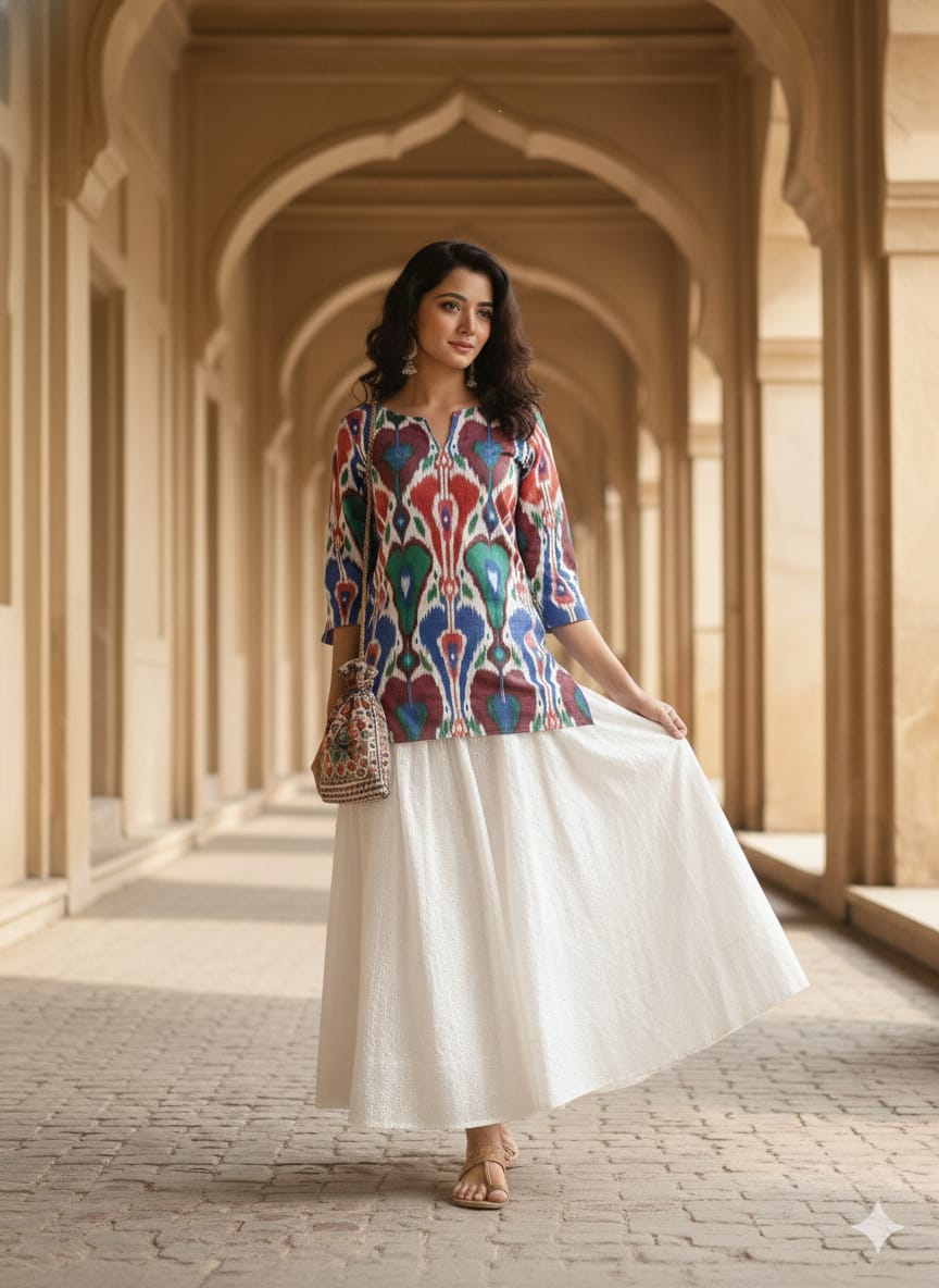 Women’s Multicolor Ikat Print Cotton Kurta with Chikankari Flared Skirt