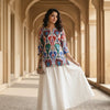 Women’s Multicolor Ikat Print Cotton Kurta with Chikankari Flared Skirt