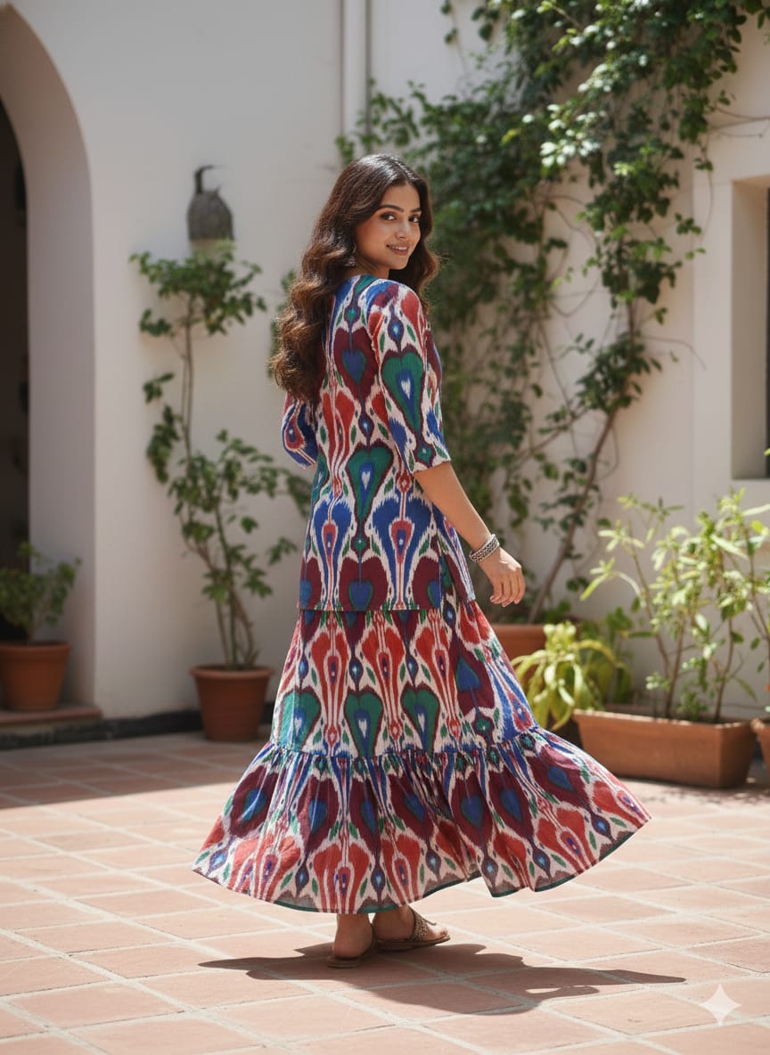 Women’s Multicolor Ikat Print Cotton Kurta with Flared Skirt