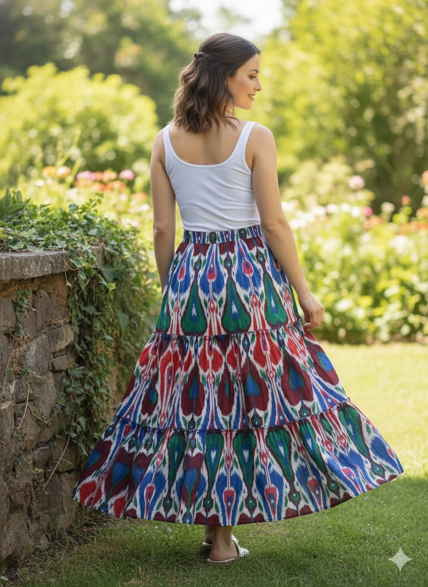 Women’s Multicolor Ikkat Printed Cotton Tiered Skirt