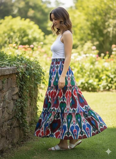Women’s Multicolor Ikkat Printed Cotton Tiered Skirt
