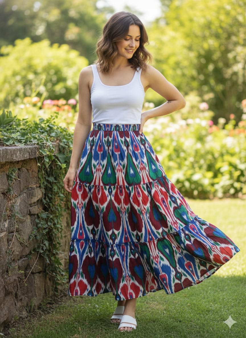 Women’s Multicolor Ikkat Printed Cotton Tiered Skirt
