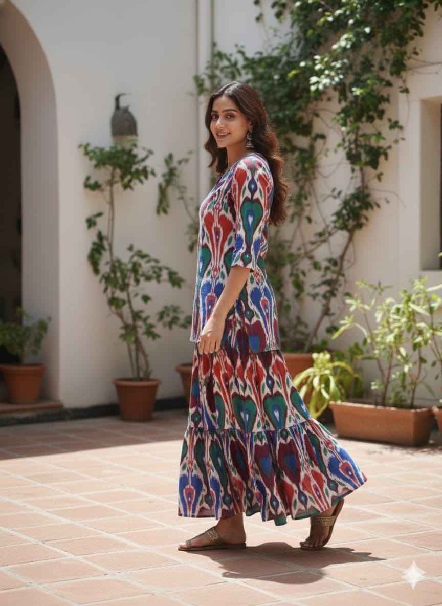 Women’s Multicolor Ikat Print Cotton Kurta with Flared Skirt