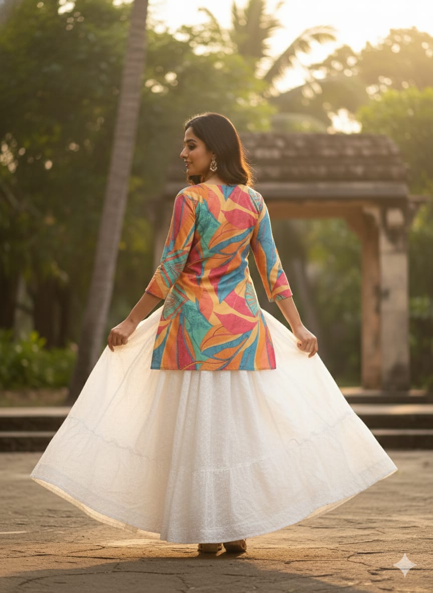 Women’s Multicolor Leaf Printed Cotton Kurta with Chikankari Flared Skirt Set