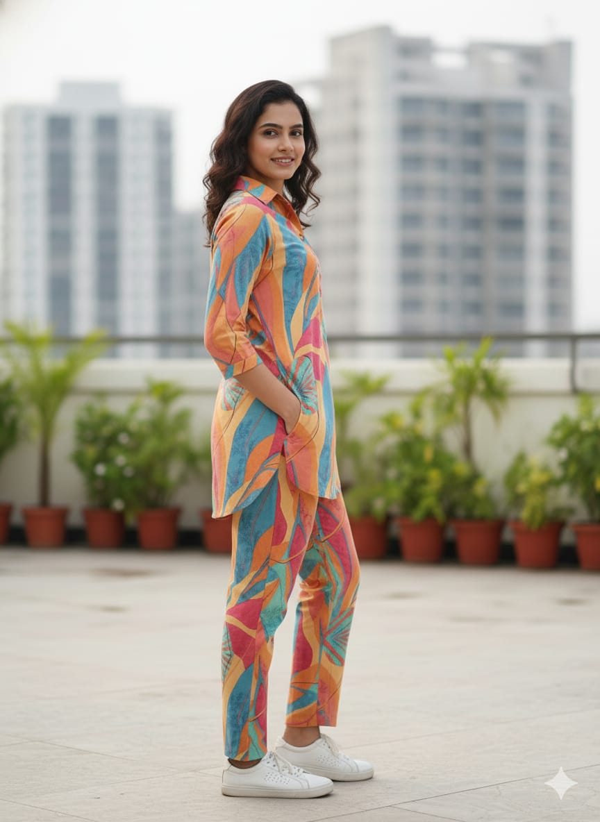 Women’s Multicolor Tropical Leaf Printed Cotton Shirt & Pant Co-Ord Set