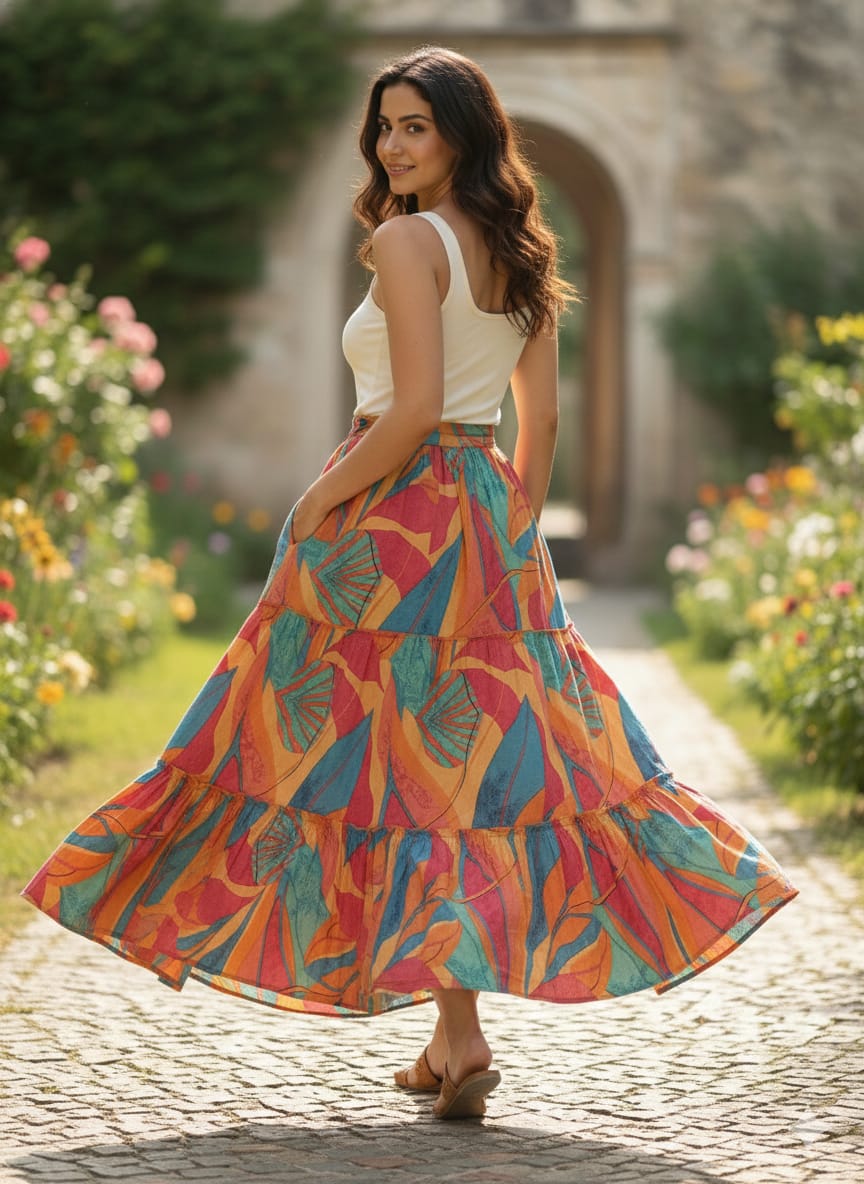 Women’s Multicolor Leaf Printed Cotton Tiered Skirt