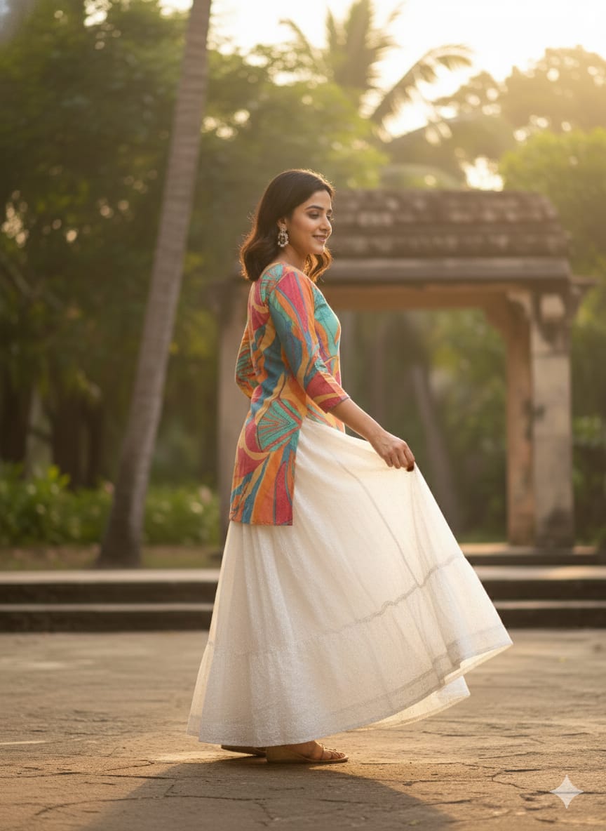 Women’s Multicolor Leaf Printed Cotton Kurta with Chikankari Flared Skirt Set