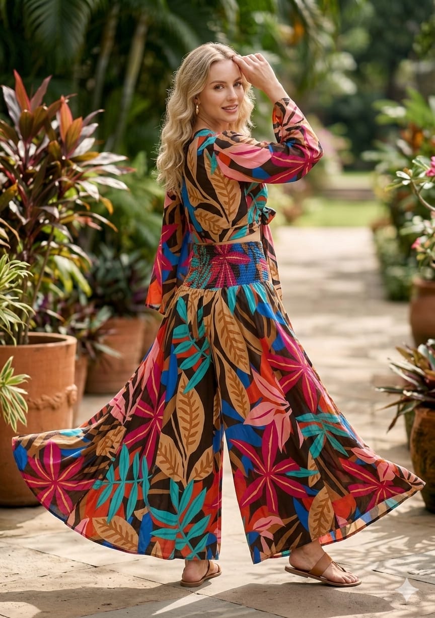Women’s Leaf Printed Cotton Tie-Front Crop Top & Flared Palazzo Pant Co-ord Set