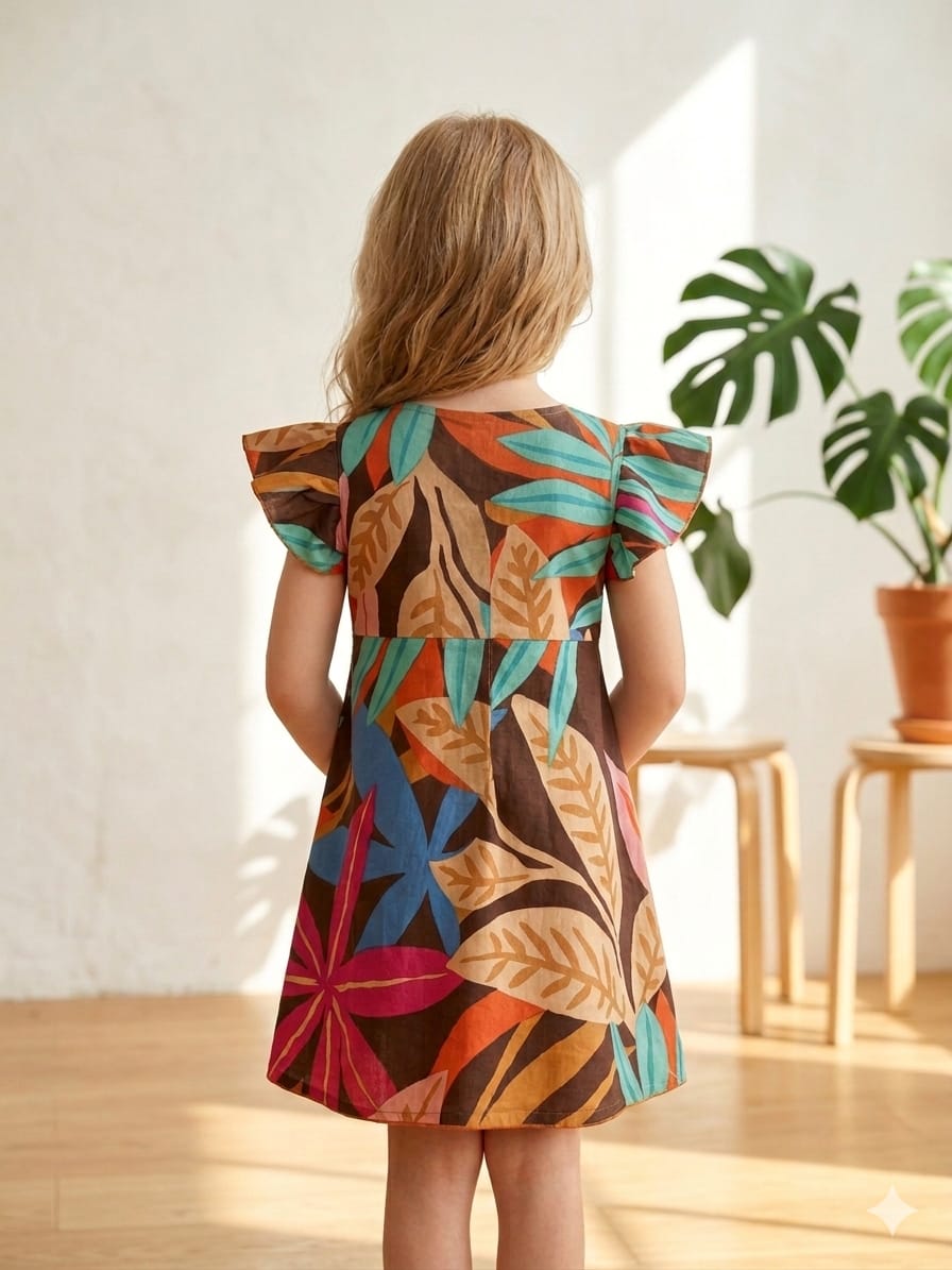 Baby Girls Leaf Printed Cotton Umbrella Style A-Line Dress with Flutter Sleeves