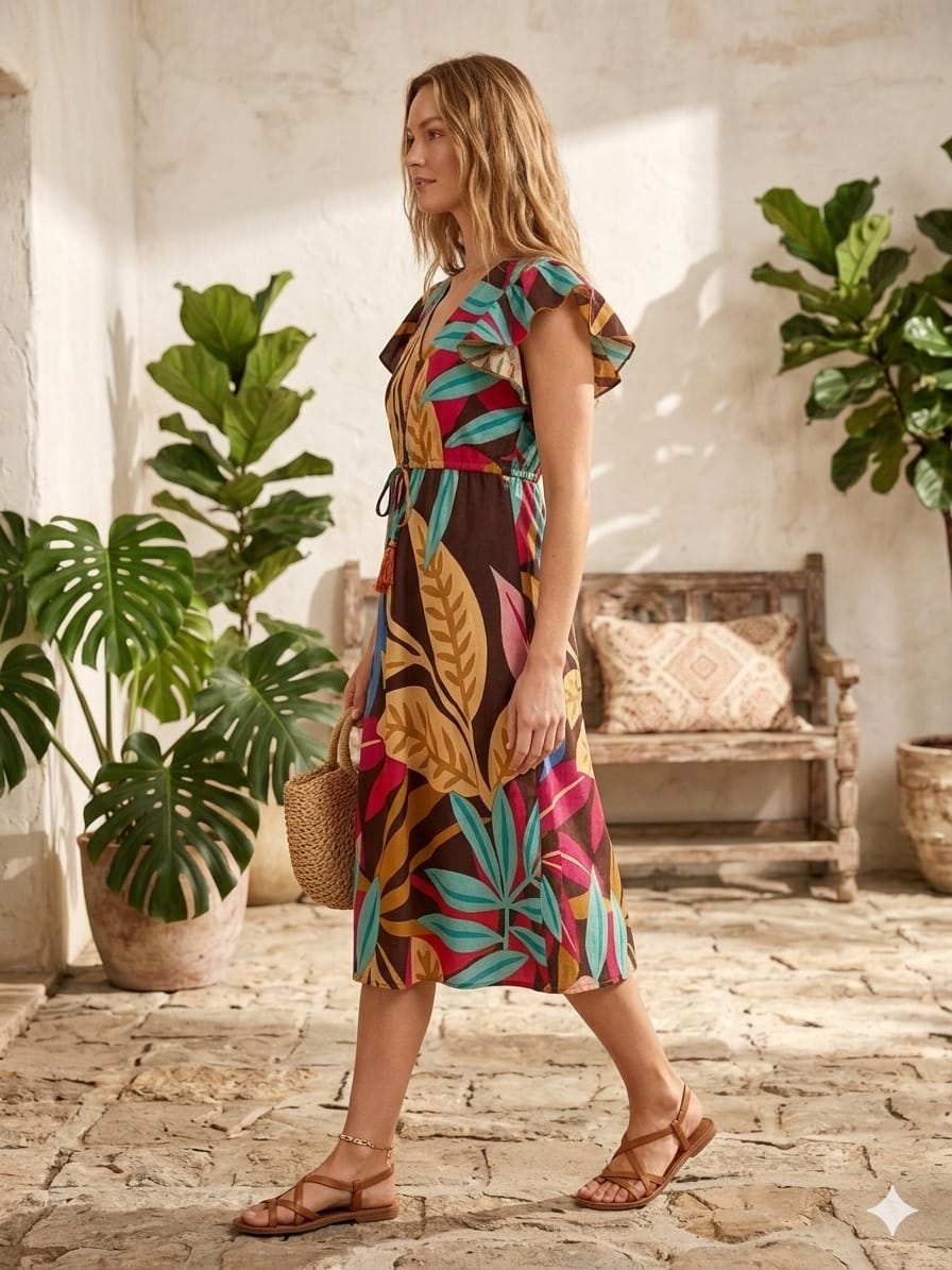 Women’s Leaf Printed Cotton Umbrella Style A-Line Dress with Drawstring Waist