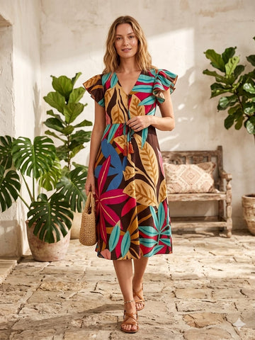 Women’s Leaf Printed Cotton Umbrella Style A-Line Dress with Drawstring Waist