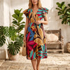 Women’s Leaf Printed Cotton Umbrella Style A-Line Dress with Drawstring Waist
