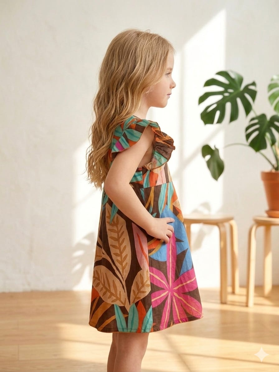 Baby Girls Leaf Printed Cotton Umbrella Style A-Line Dress with Flutter Sleeves