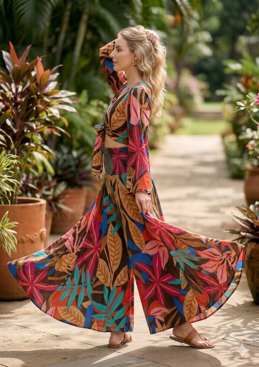 Women’s Leaf Printed Cotton Tie-Front Crop Top & Flared Palazzo Pant Co-ord Set