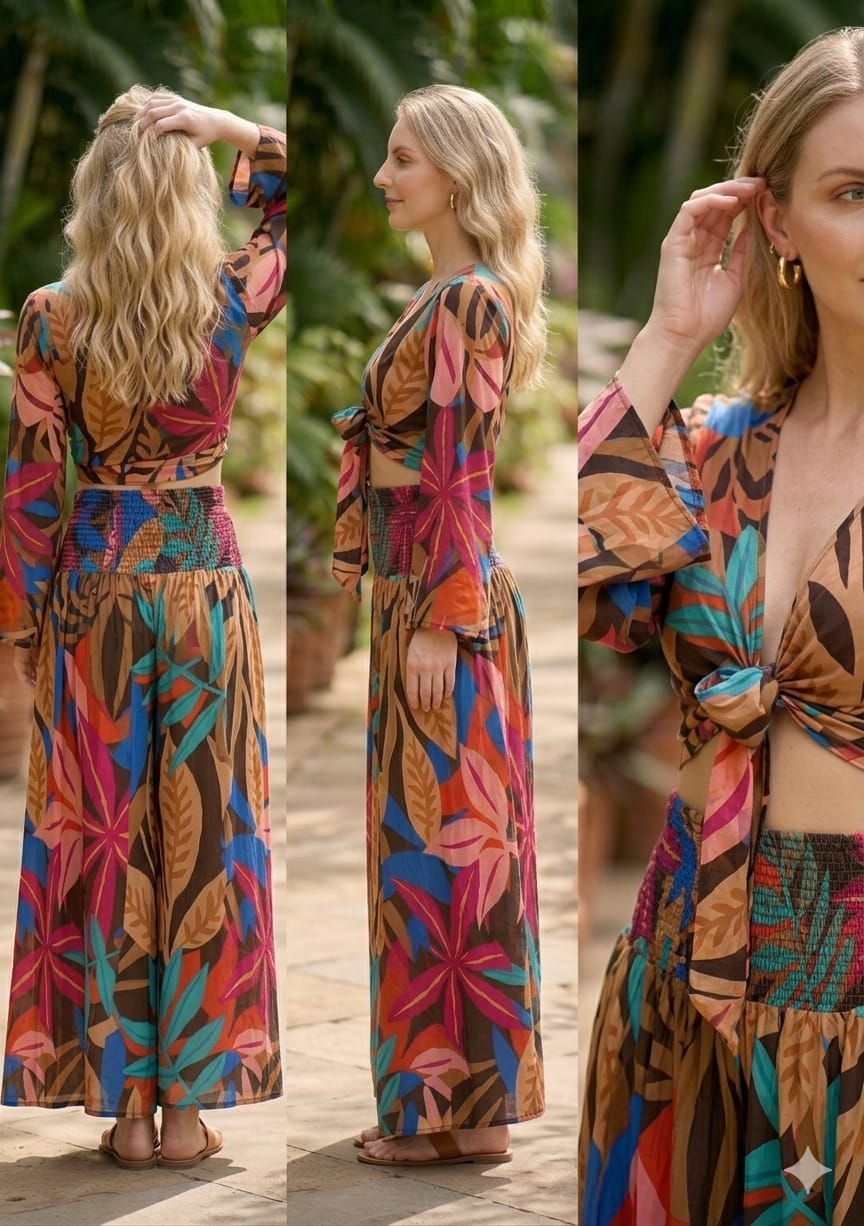 Women’s Leaf Printed Cotton Tie-Front Crop Top & Flared Palazzo Pant Co-ord Set