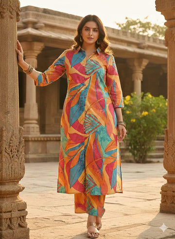 Women’s Multicolor Leaf Printed Cotton Kurta Set with Straight Pants