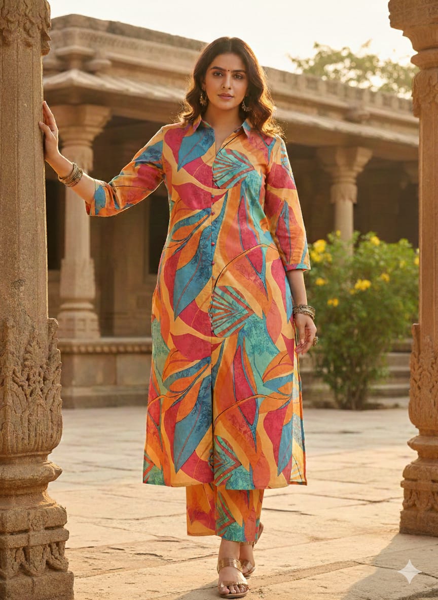 Women’s Multicolor Leaf Printed Cotton Kurta Set with Straight Pants