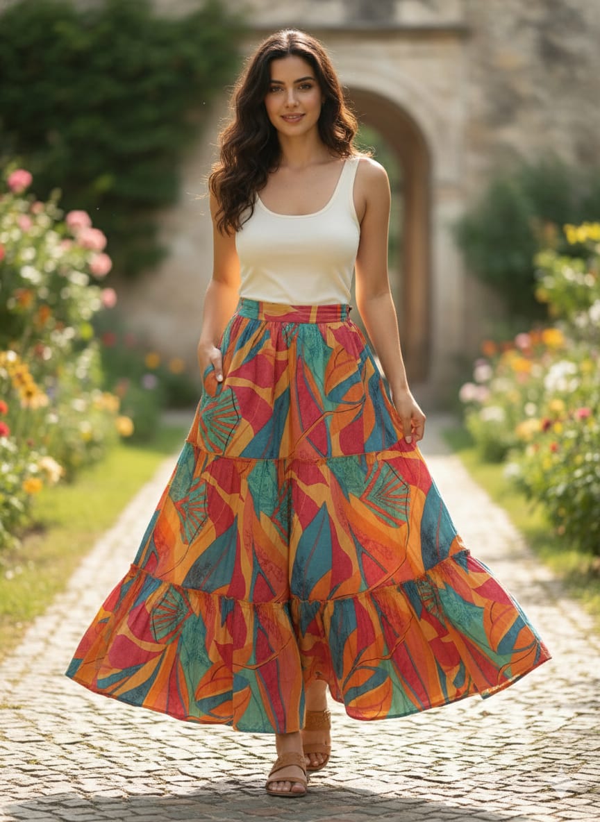 Women’s Multicolor Leaf Printed Cotton Tiered Skirt