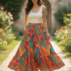 Women’s Multicolor Leaf Printed Cotton Tiered Skirt