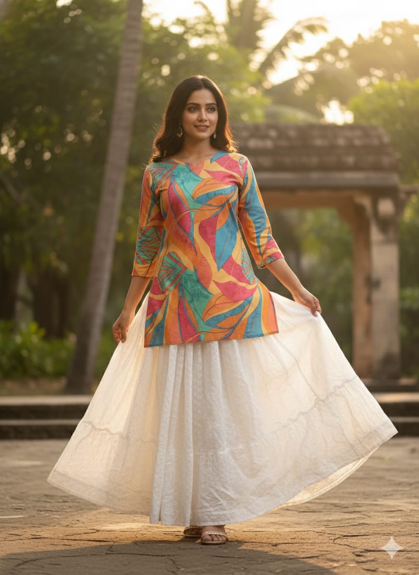 Women’s Multicolor Leaf Printed Cotton Kurta with Chikankari Flared Skirt Set